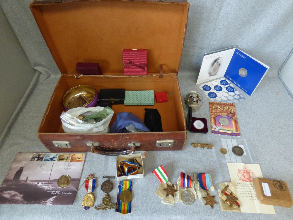 Leather attaché case containing coins (1821 Crown), WWI and WWII Medals: Victory, British War,