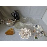 Assorted glassware, pottery water flask, bright metal teapot, assorted handles & a large cast iron