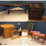 Modern pine chest of 4 long drawers, 2 pine dressing table mirrors, pine wall shelf, painted stools,
