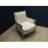 French decorative grey painted armchair upholstered in cream fabric (some small marks to the