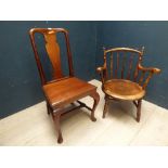 Georgian II style mahogany dining chair & Victorian oak spindle back armchair (1 arm weak in