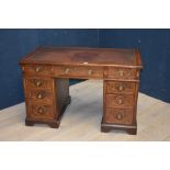 Good Victorian mahogany pedestal desk with satinwood inlay & tooled leather top, stamped with makers