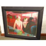 A modern school oil painting Art Deco scene of a lady taking an aperitif in studio frame, signed, 47