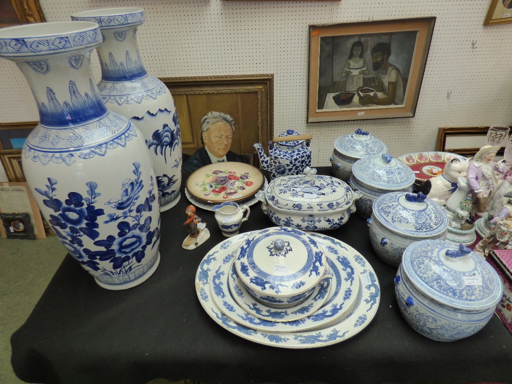 Pair of Chinese style blue & white vases & qty of blue & white china