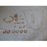 A collection of gold jewellery including earrings, a bar brooch, chain and a lady's 9 carat gold