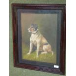 An oil painting study of a Jack Russell terrier, seated on grassland in a dark wood frame, 40 x 30