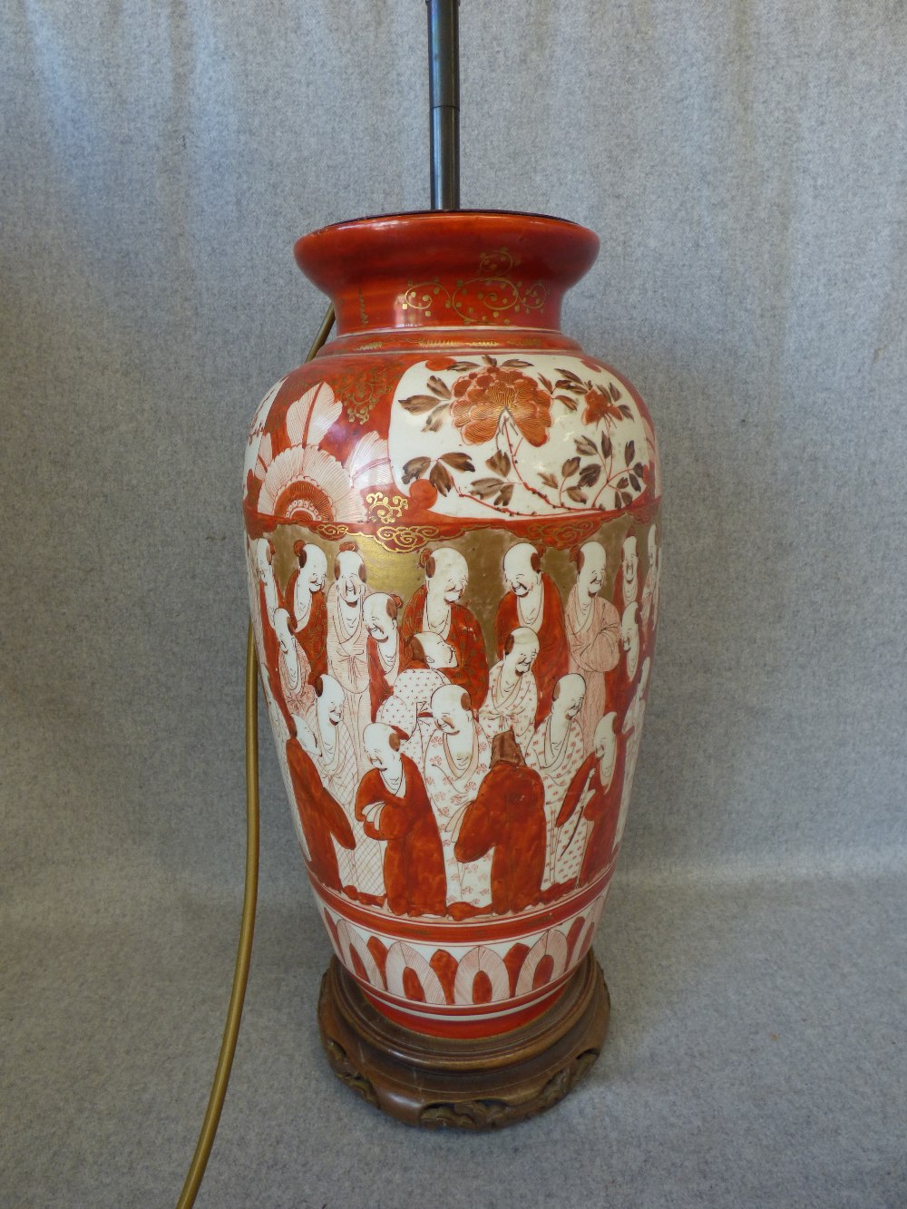 Japanese vase converted into a table lamp, on wooden stand, but not drilled, 45H cm