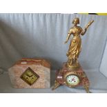 Art Deco marble mantle clock & a continental spelter figural mantle clock with marble base