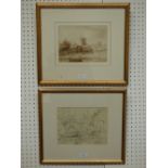 Follower of 'David Cox', "Windmill With Figures In A Boat", sepia & 'Henry Cogle', "The Boatyard",
