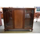 2 stools & a chair, a mahogany low bookcase with 2 glazed doors flanking a panelled door 108H x 130W