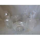 5 various cut glass decanters & 2 cut glass bowls