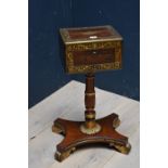 Good Regency brass inlaid Coromandel wood fitted sewing box on a later pedestal base