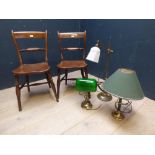 Pair of Victorian oak kitchen chairs with initials on the back frame & 3 various table lamps (1