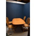 1970's style light oak drop leaf dining table & 4 Windsor style chairs 74H x 98W cm