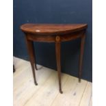 Good Georgian mahogany demi-lune fold over card table with satinwood inlay on chamfered legs 74H x