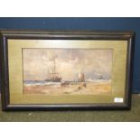 An ebonised framed oil painting coastal scene of fishing boats with figures and horse and cart in
