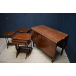 George III mahogany drop leaf, gate leg, dining table 70H x 98W cm, 2 mahogany occasional tables & a