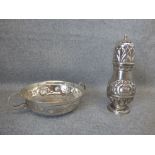 Hallmarked silver tastevin with inset coin CAROL VS 11 DEI GRATIA BY TB & S. & a silver sifter