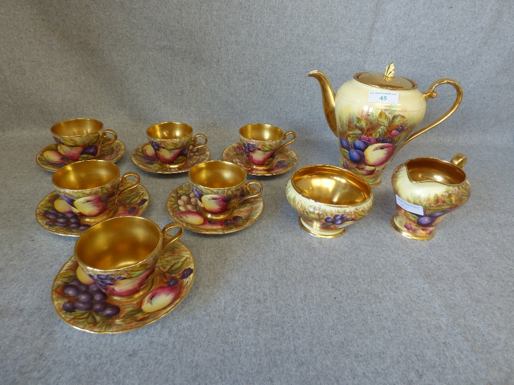 Aynsley fruit pattern coffee service of 6 cups & saucers, coffee pot, cream jug & sugar bowl