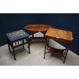 2 two tier occasional tables & an upholstered stool with turned supports, a carved walnut....
