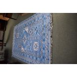 Modern Moroccan wool carpet, blue background with cream & grey geometric pattern, 195 x 298 cm
