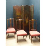 Victorian 4 panelled canvas folding screen with painted scenes 178H cm & 3 dining chairs