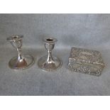 Pair of hallmarked silver candlesticks by 'S. B.' of Birmingham & silver cigarette box
