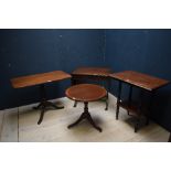 Circular coffee table, a large tilt top tripod table, a mahogany two tier occasional table & a small