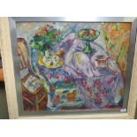 A studio framed impressionist oil painting still life of a table setting with fruit and flowers,