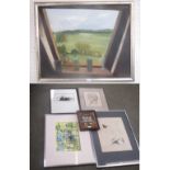 Oil on board of view from a window of country scene & qty of mixed pictures (general scratches/