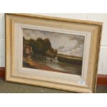 Oil on canvas of rural river scene with horse and cart and cottage on bank in style of John