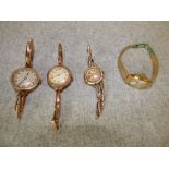 Ladies vintage 9ct gold watch & 3 various ladies watches, 20g (some surface marks/dents)