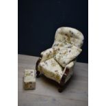 Victorian floral decorated & button upholstered bedroom chair with similarly upholstered stool &