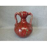 Peachbloom glazed vase with 2 handles 18cm H (no damage)