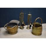 2 brass coal buckets & 2 sets of brass fire irons