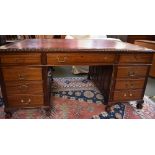 Large reproduction mahogany pedestal desk 77H x 167W cm