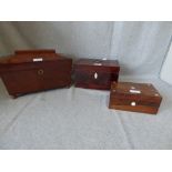 C19th mahogany sarcophagus shaped tea caddy, Georgian mahogany tea caddy & a rosewood sewing box.