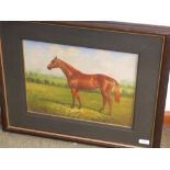 An equine oil painting study of a chestnut thoroughbred in rural landscape, 29 x 39 cm