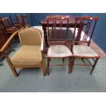 Pair of Edwardian mahogany bedroom chairs & Edwardian oak armchair