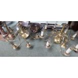 Pair of brass 8 branch chandeliers & 2 Edwardian table lamps (general scratches/marks)