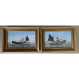 Pair of decorative oil on board boat scenes in gilt frames, Bearing signature 'L. Duncan', 12 x 19