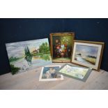 Oil of Still Life of Flowers, bears signature Mayes, & 3 various pictures