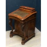 Victorian burr walnut davenport with tooled leather top 90H x 57W cm (brass nail loose)