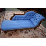 C19th mahogany framed chaise longue upholstered in a classical blue print fabric