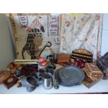 Lacquer stationery rack, various boxes, pewter dishes, Egyptian style tapestry etc