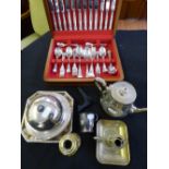 Silver plated canteen & 2 various silver plated brass chamber stick & brass candlestick