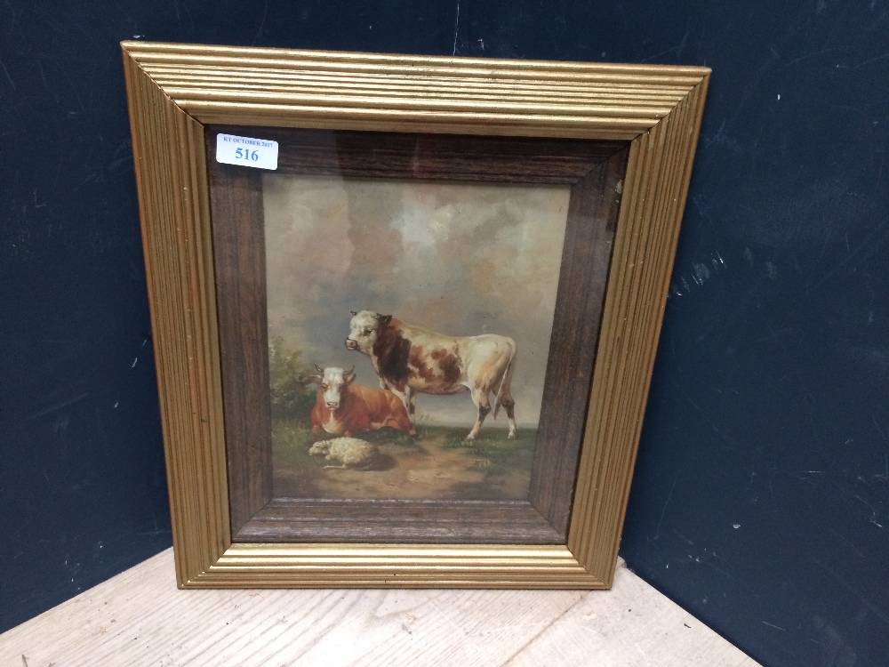 A gilt framed oil painting 'Study of cattle and sheep in a pastoral scene', 25 x 20 cm