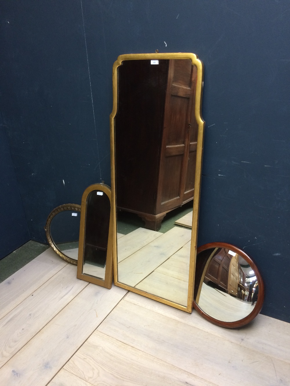 3 gilt mirrors and 1 convex mirror in mahogany frame