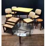 1970's yellow Formica topped kitchen table & 4 matching chairs, circular glass top coffee table,