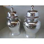 Pair of decorative large silver coloured vases with lids 54 cm
